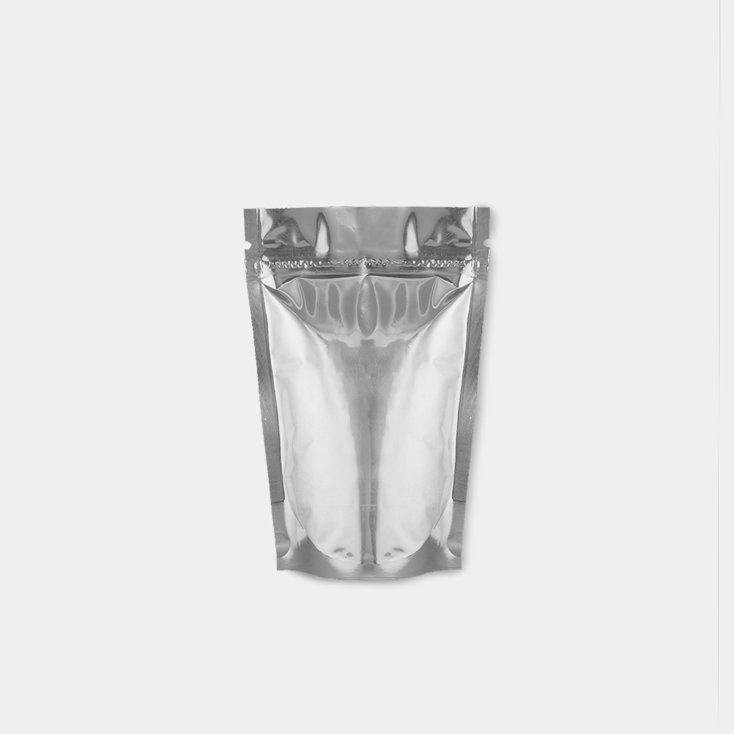 BOLSA LAMINADA AUTOSOSTENIBLE CON ZIPPER METALIZADA PLATEADA CYEM